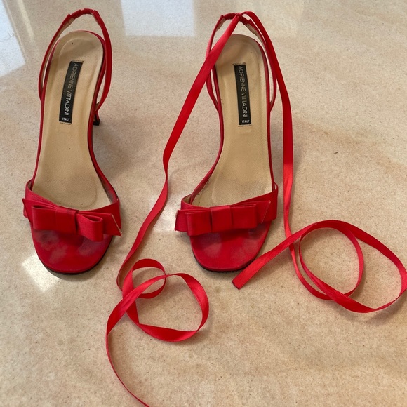 Cherry Red satin heels. - Picture 1 of 4